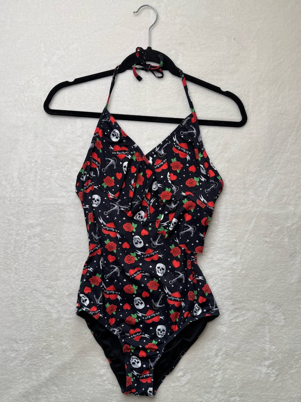 As Rose Rich - Black Red Rose & Skull Halter One-Piece Swimsuit